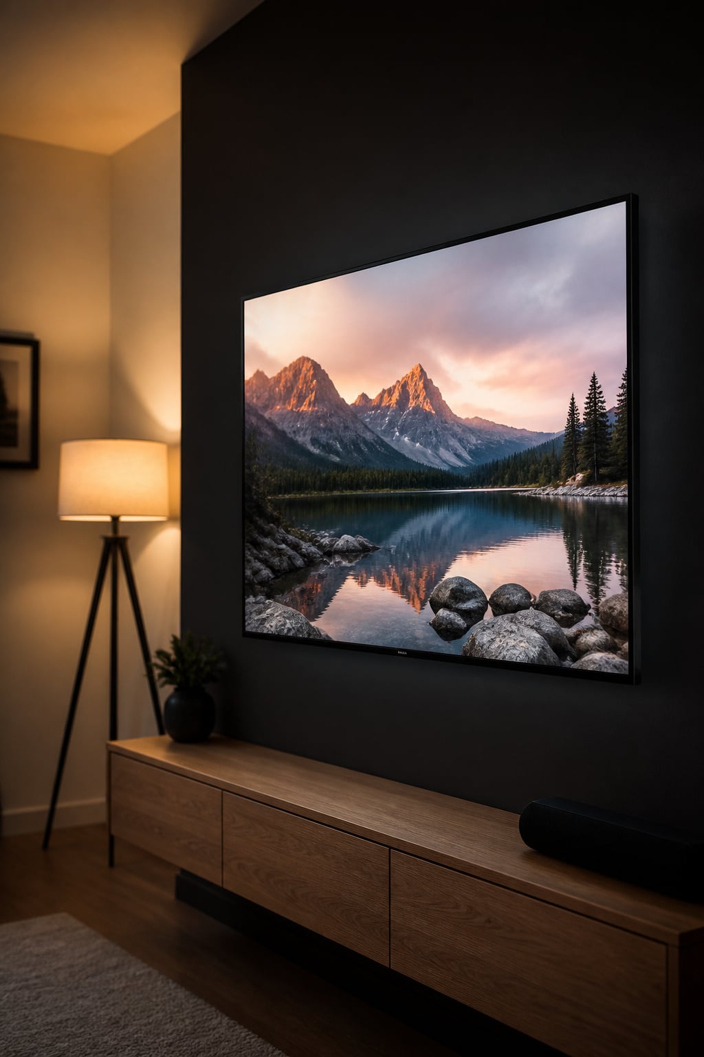 Dark charcoal accent wall with wall-mounted TV in a modern living room showing the contrast-enhancing effect of a dark backdrop