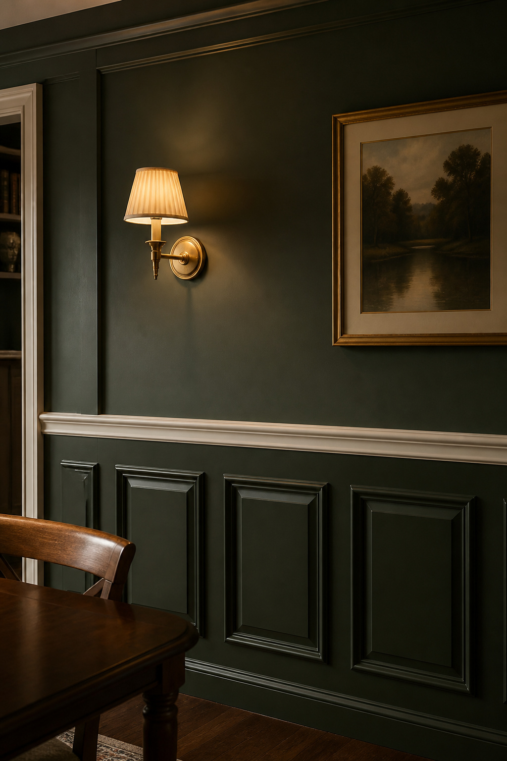 Dining room raised-panel wainscoting in deep forest green with white cap rail at 34 inches, wall sconce raking light across the panel profiles