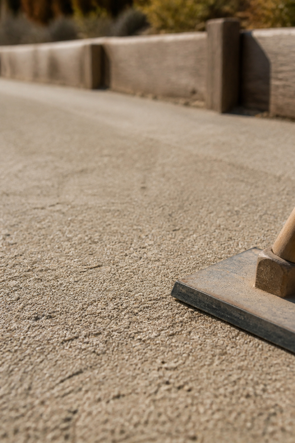 Close view of a compacted silvery decomposed granite patio surface with a slight drainage crown