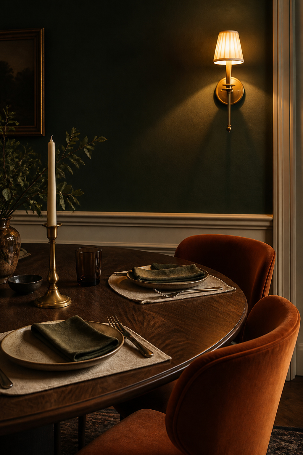 Moody dining room with deep forest green matte walls, dark walnut table, cognac velvet chairs and brass candlestick