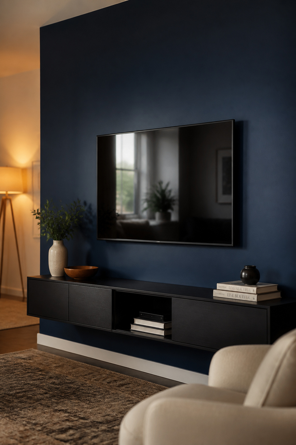 Deep navy blue TV accent wall with wall-mounted television and low floating console in a cream and navy living room