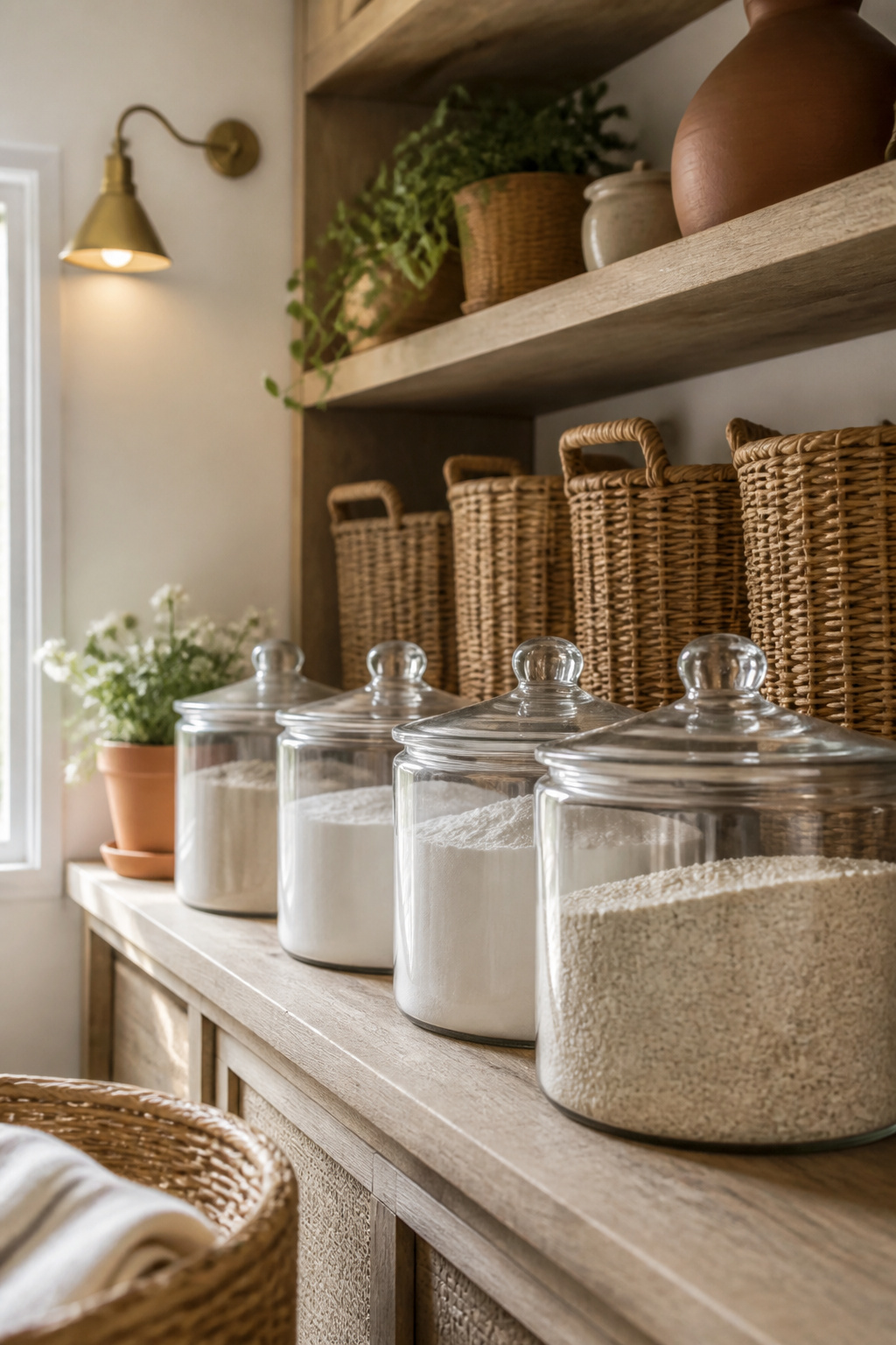 A deep laundry pantry shelf styled in two layers with canisters at the front edge and baskets set back
