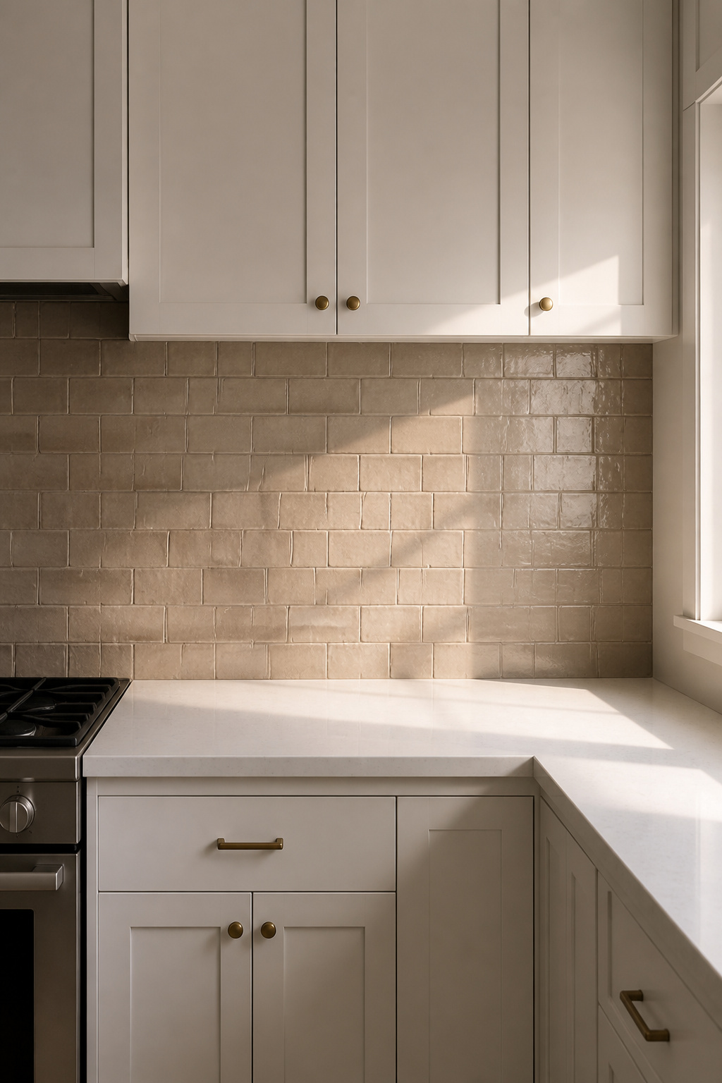 Warm greige handmade-look ceramic tile backsplash with matching grout in a Scandinavian-influenced white kitchen, lit by afternoon sidelight