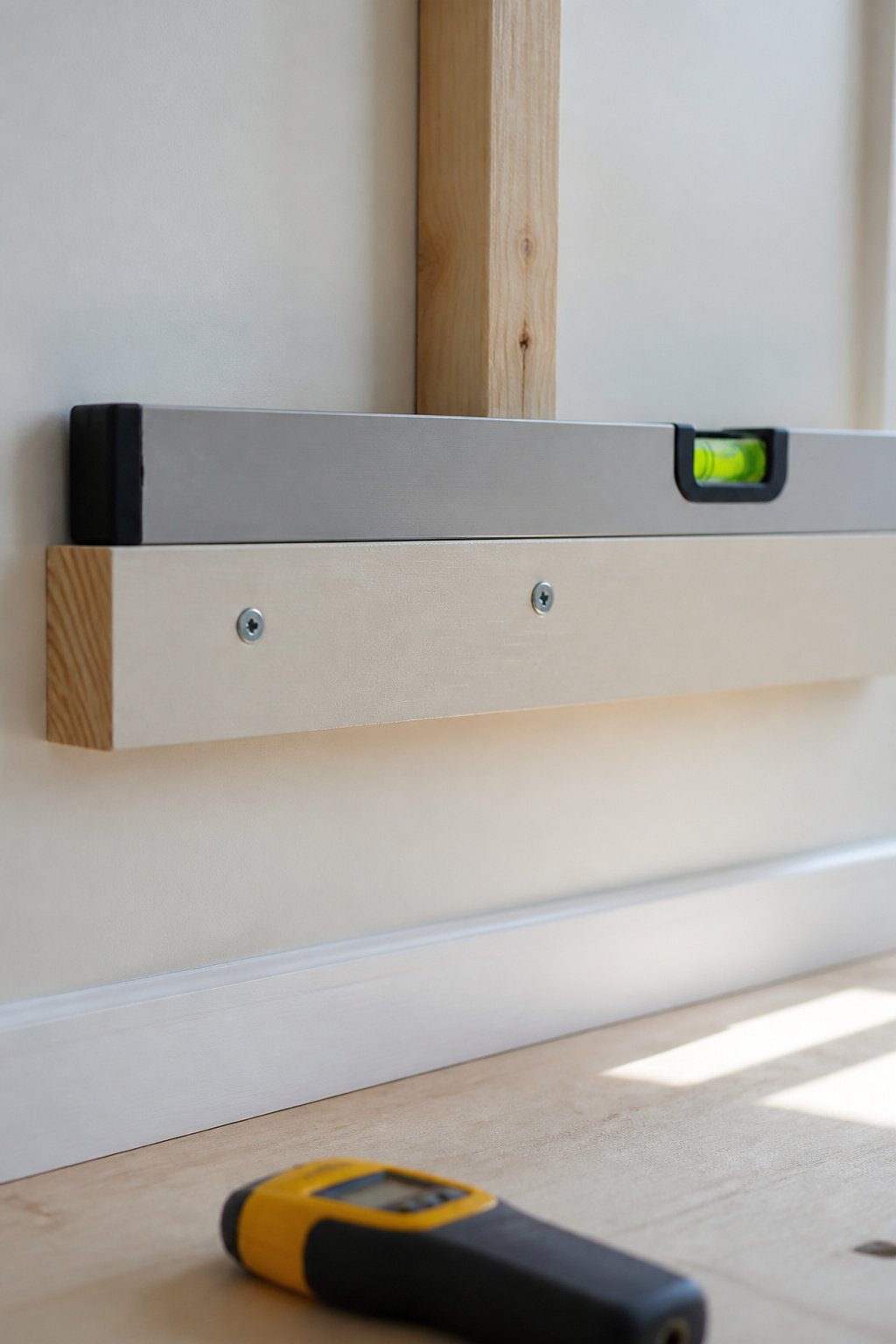 Painted pine wall cleat fastened into a located stud with a level held against it, ready for the plywood desk top