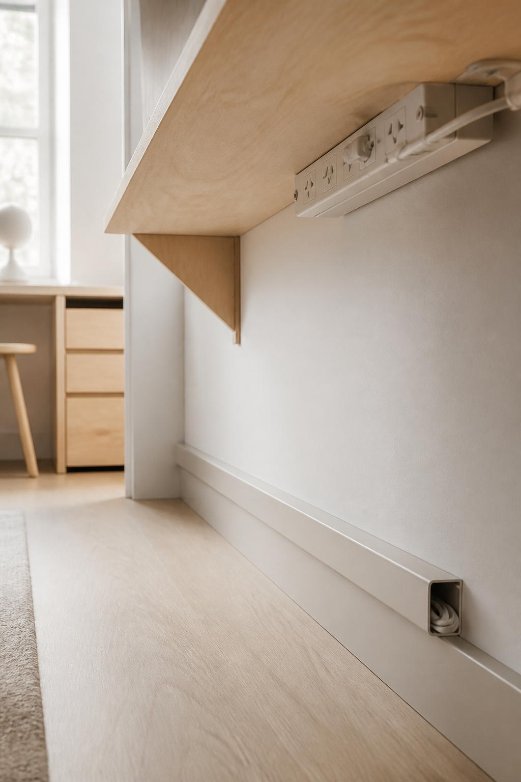 Surface-mounted cord raceway along a baseboard beneath a shared homework desk, routing cables to a wall-mounted power strip without drilling
