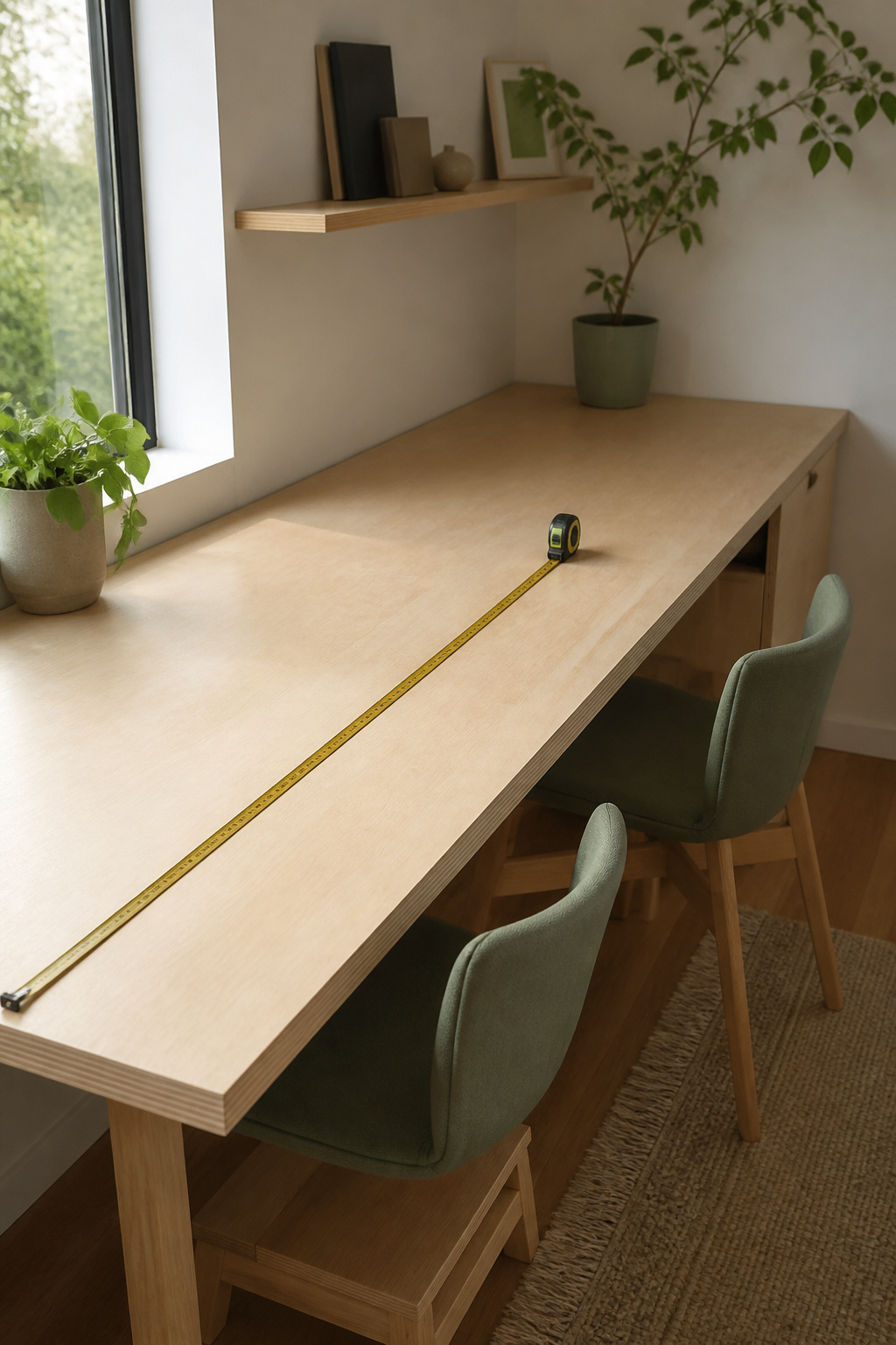 Birch plywood desk top marked into two zones with a tape measure, one chair shorter than the other and a step stool tucked beneath the shorter seat
