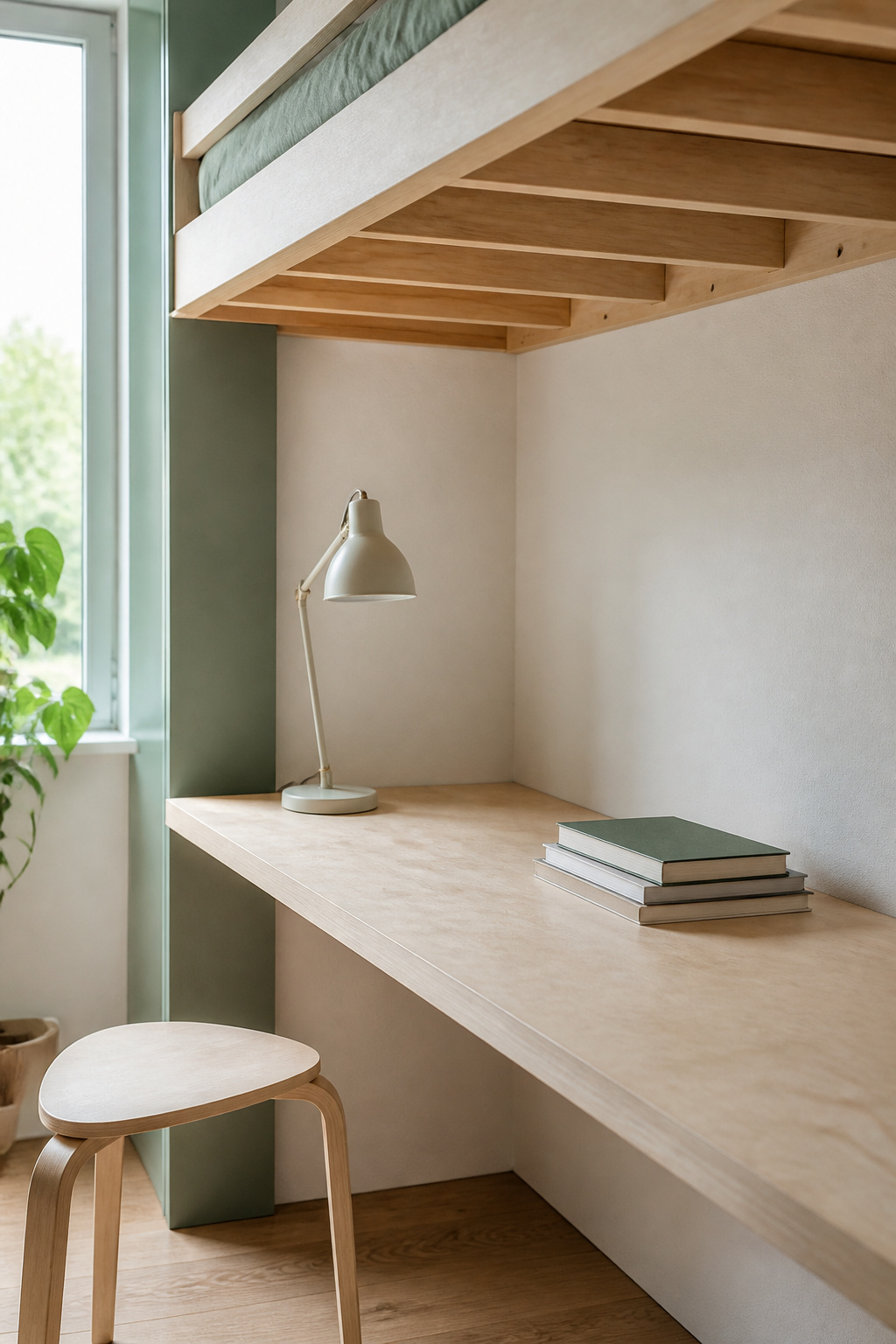 Birch plywood desk on wall cleats positioned underneath a built-in loft bed platform, sized for the clearance a seated student needs