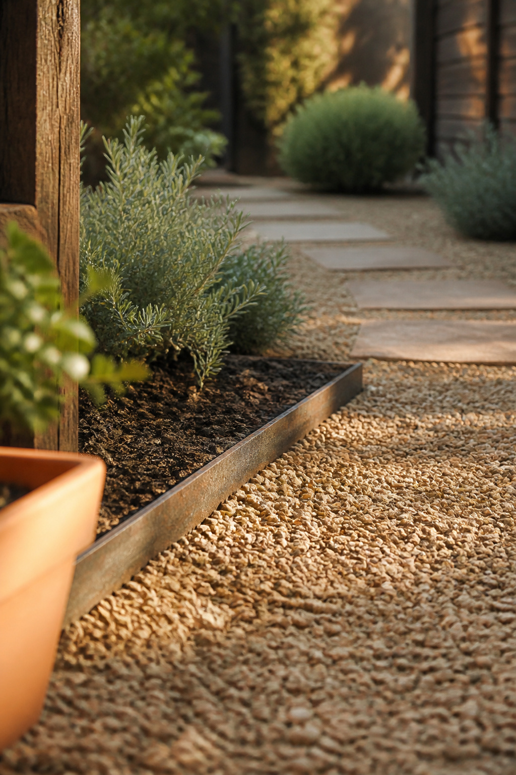 Diagonal steel edging line across a buff gravel patio leading the eye toward a corner planting bed