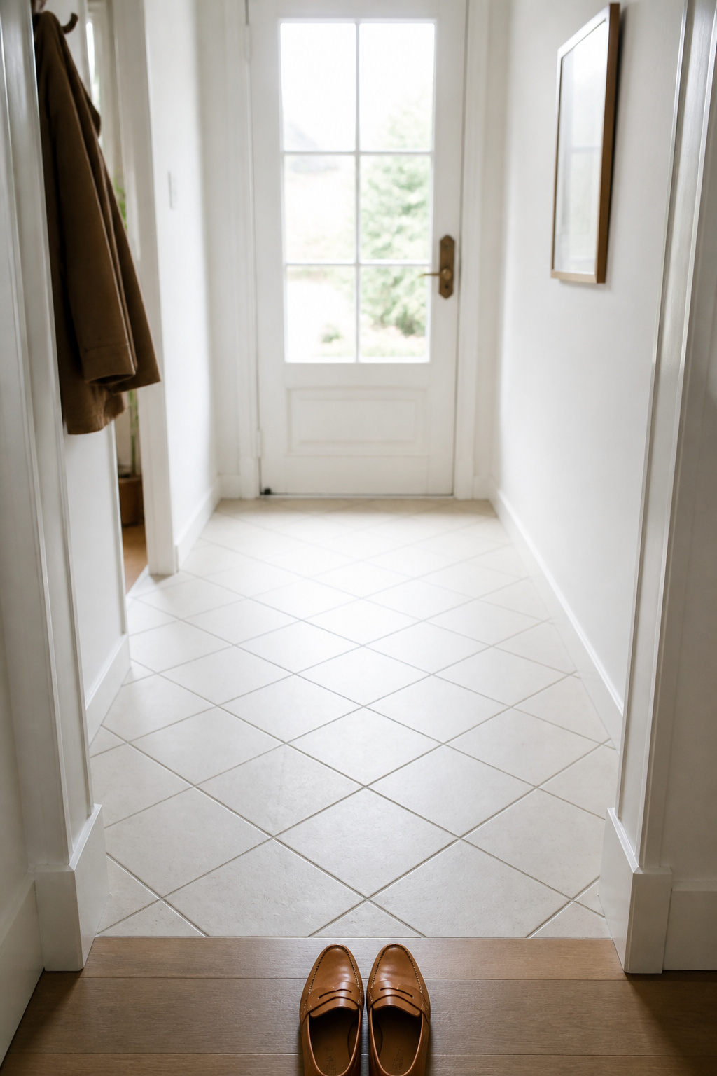Small square foyer with 16x16 white porcelain tiles set diagonally at 45 degrees, drawing the eye toward the far corner