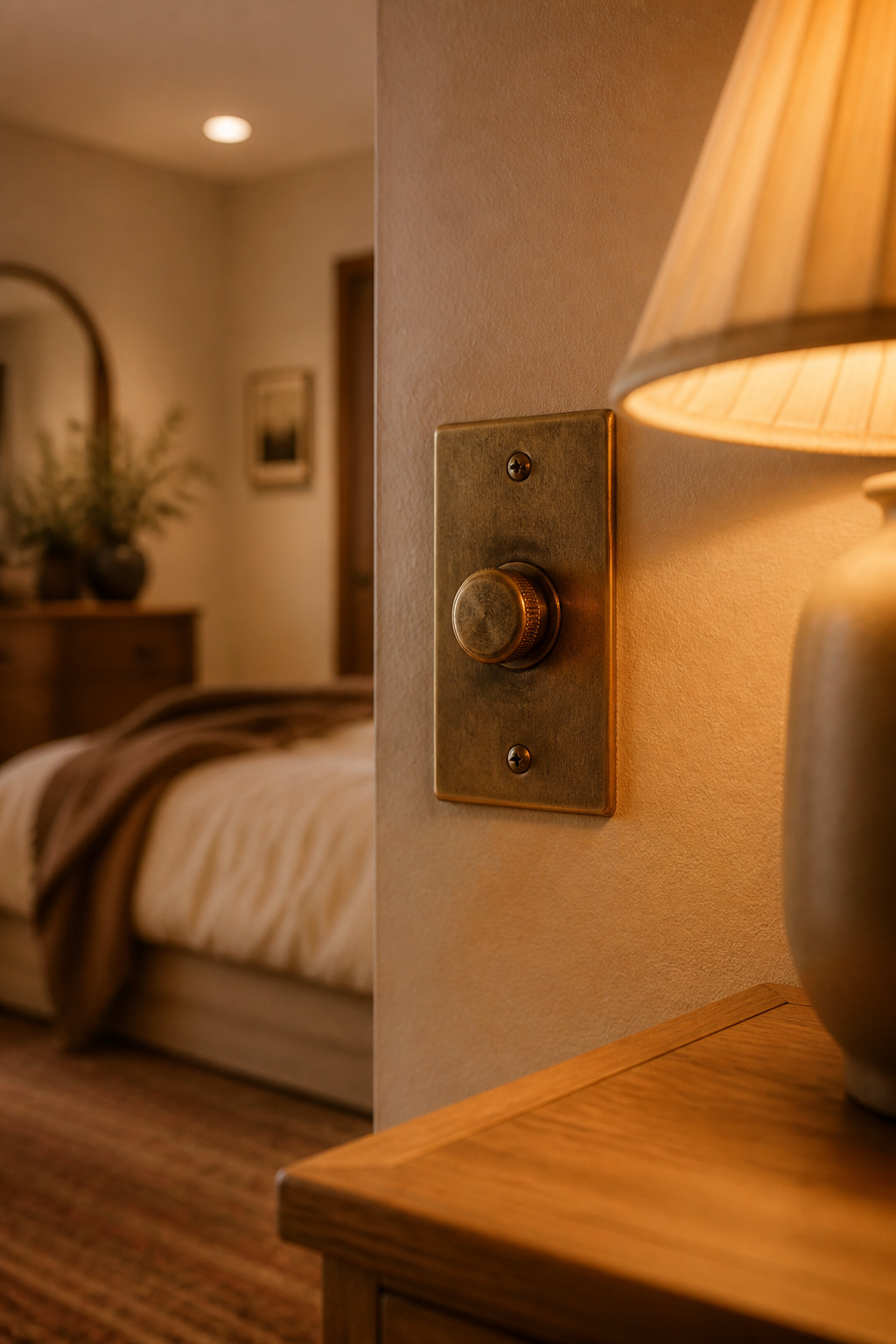 Aged brass dimmer dial set into an oatmeal bedroom wall beside a warmly glowing lamp on a honey oak nightstand