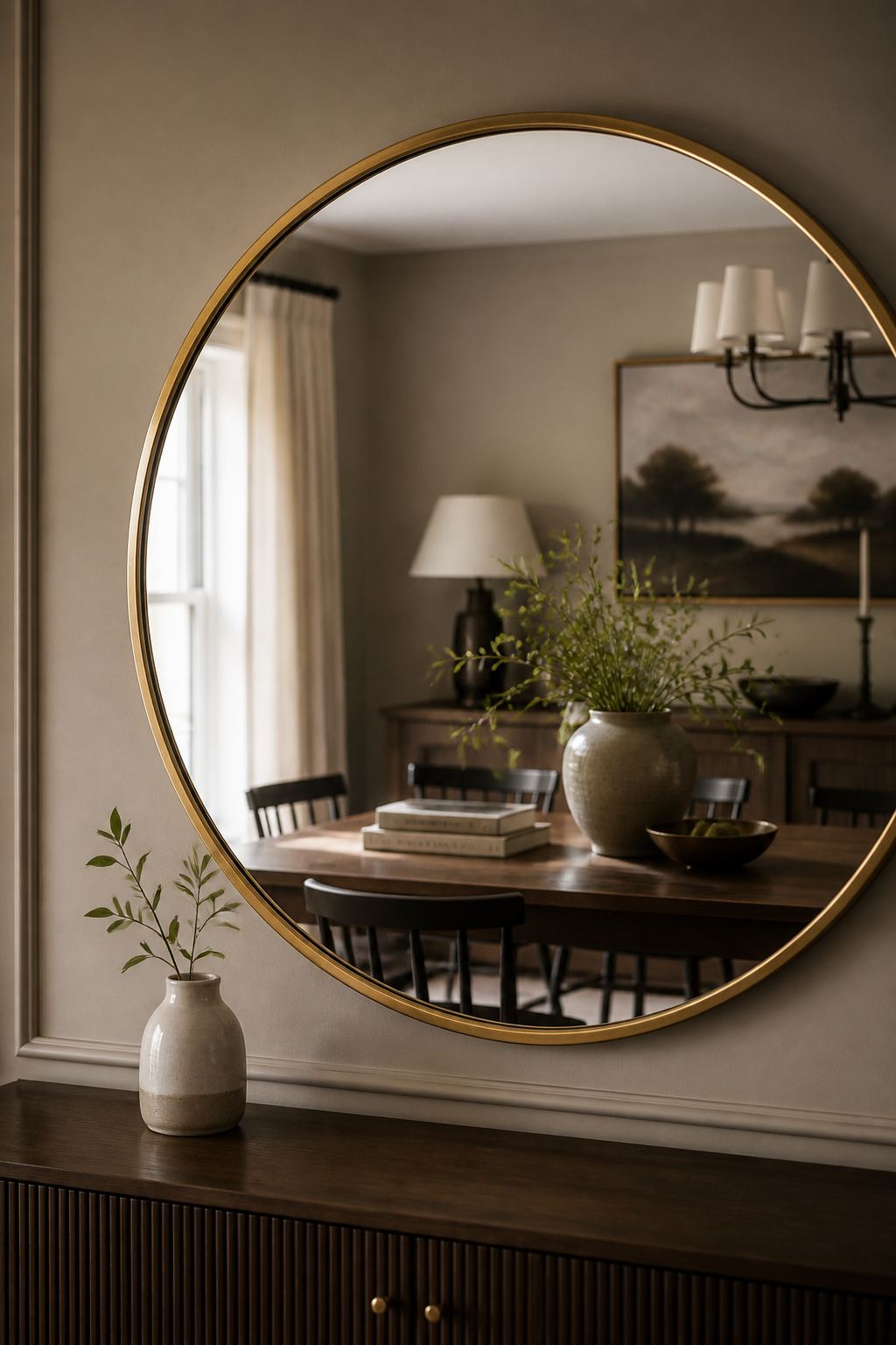 A large round brass-framed mirror mounted above a sideboard, serving as the anchor piece for the dining room buffet display