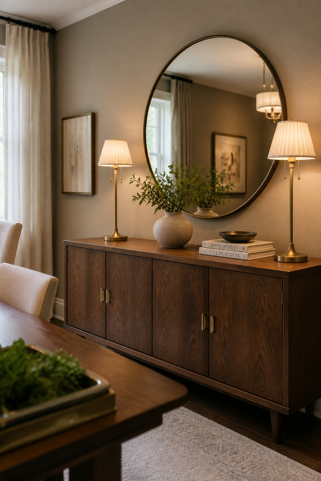 A walnut sideboard styled with a round mirror, brass buffet lamps, ceramic vase, and stacked books in a warm dining room