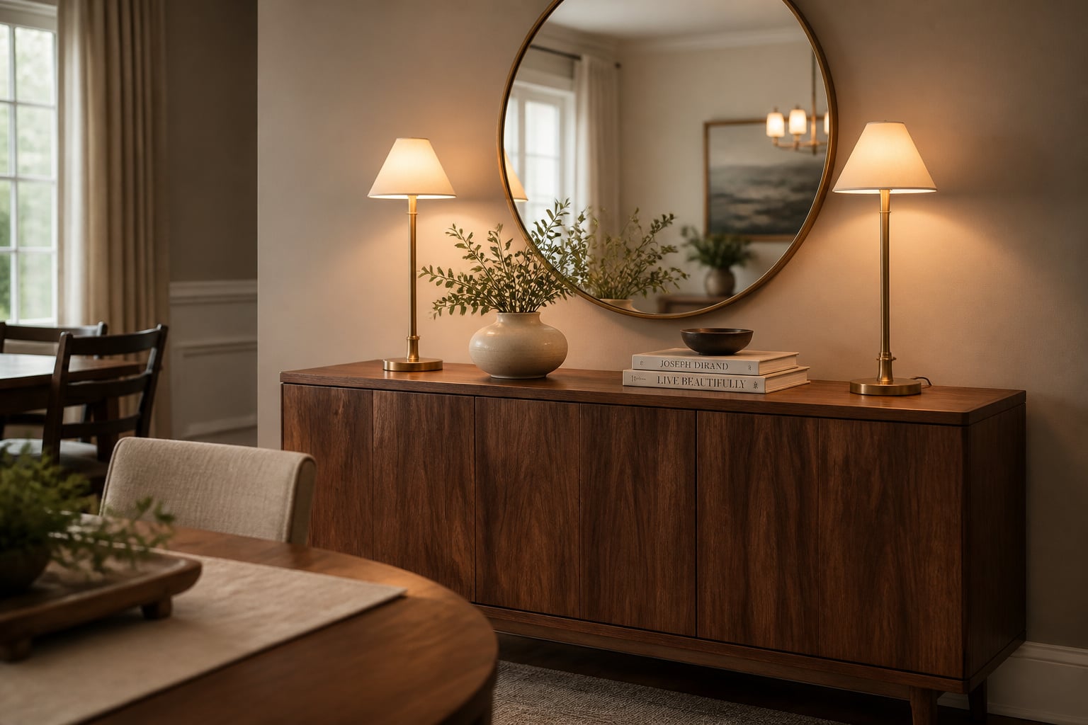 A walnut sideboard styled with a round mirror, brass buffet lamps, ceramic vase, and stacked books in a warm dining room