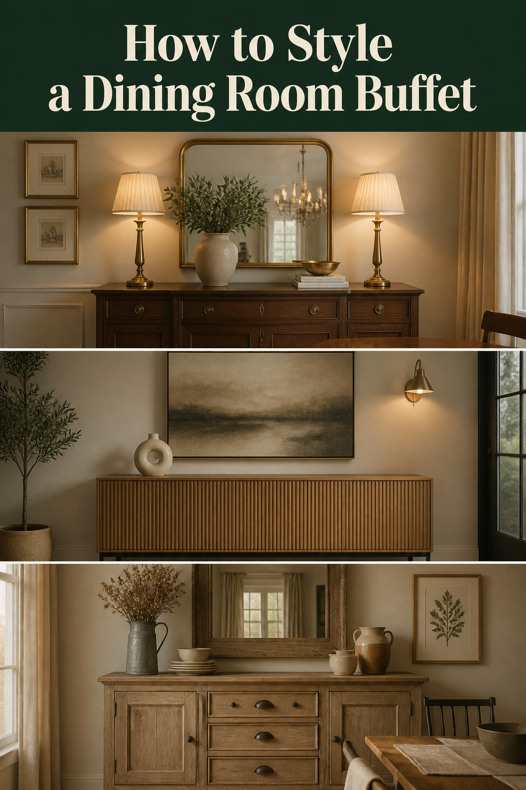 Three styled dining room sideboards showing symmetrical traditional, minimal modern, and farmhouse buffet decor ideas