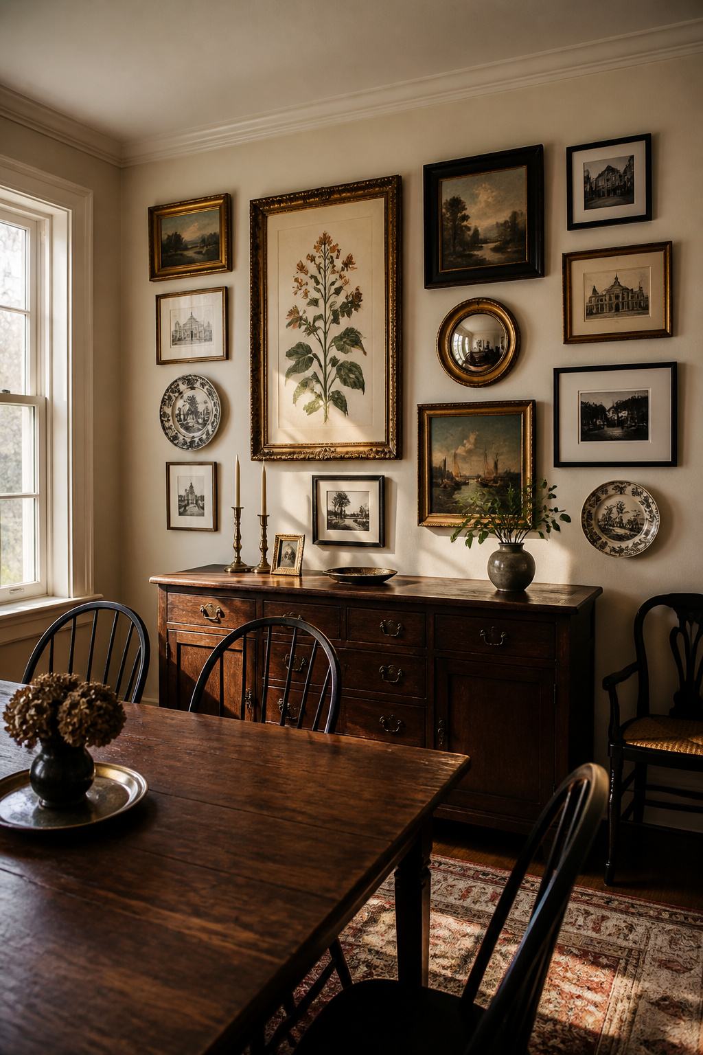 Eclectic dining room gallery wall above a dark walnut buffet combining botanical prints, oil paintings, architectural engravings, decorative plates and a small convex mirror in mixed gilt and black frames