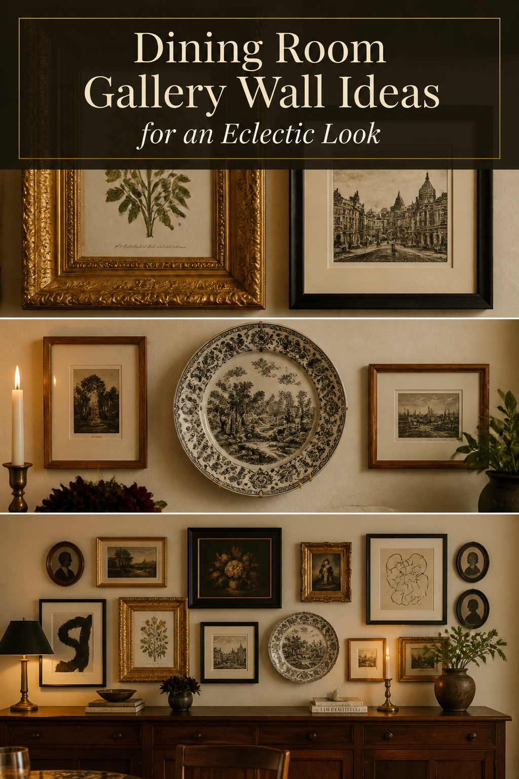 Pinterest collage showing eclectic dining room gallery wall details: gilded botanical frame beside minimal black frame, decorative plate among prints, and full mixed gallery wall above a walnut buffet