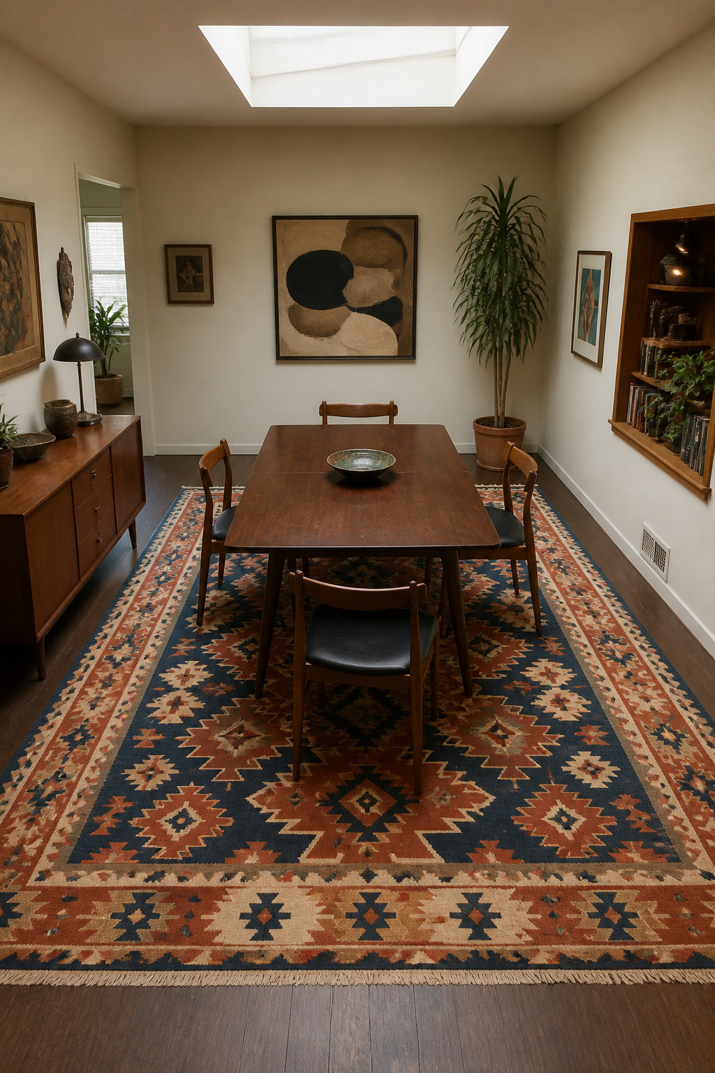 Large vintage kilim rug sized correctly under dining table with all chair legs on rug surface showing the 24-inch rule