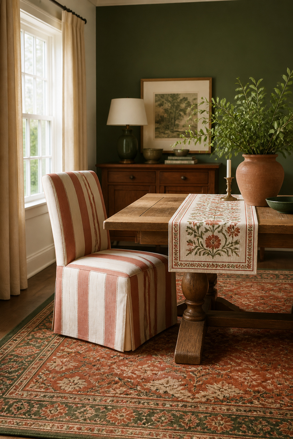 Resolved eclectic dining room with single dominant rug pattern, medium-scale stripe chair upholstery, and plain curtains showing corrected pattern mixing