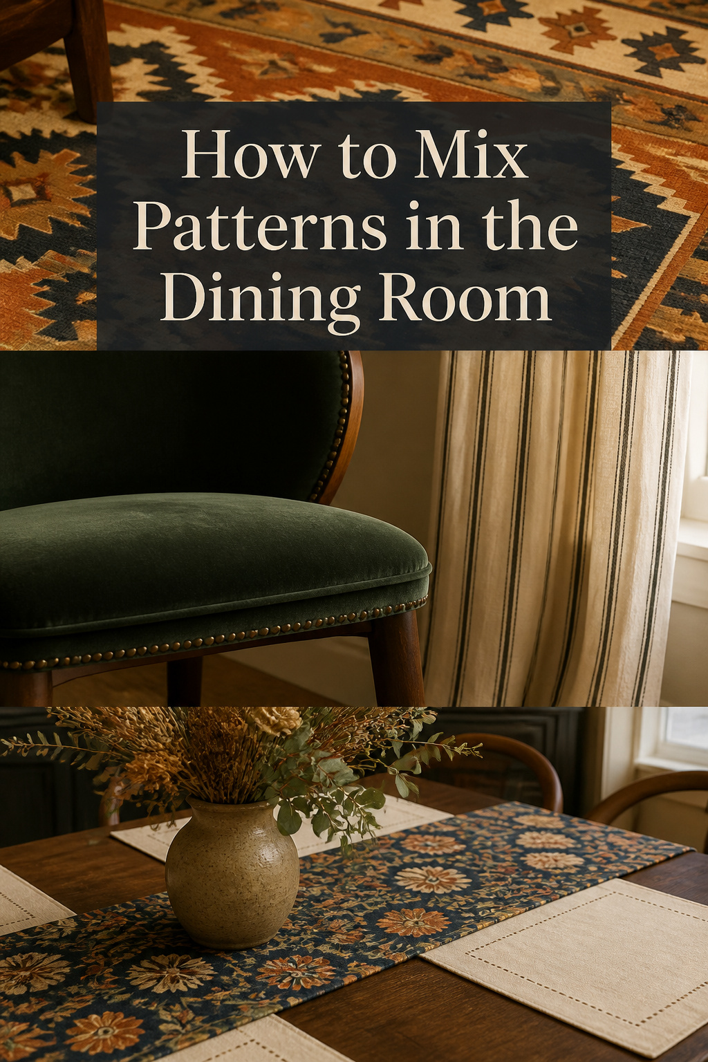 Pinterest collage showing dining room pattern mixing: kilim rug detail, velvet chair with striped curtain, and patterned table runner over plain placemats