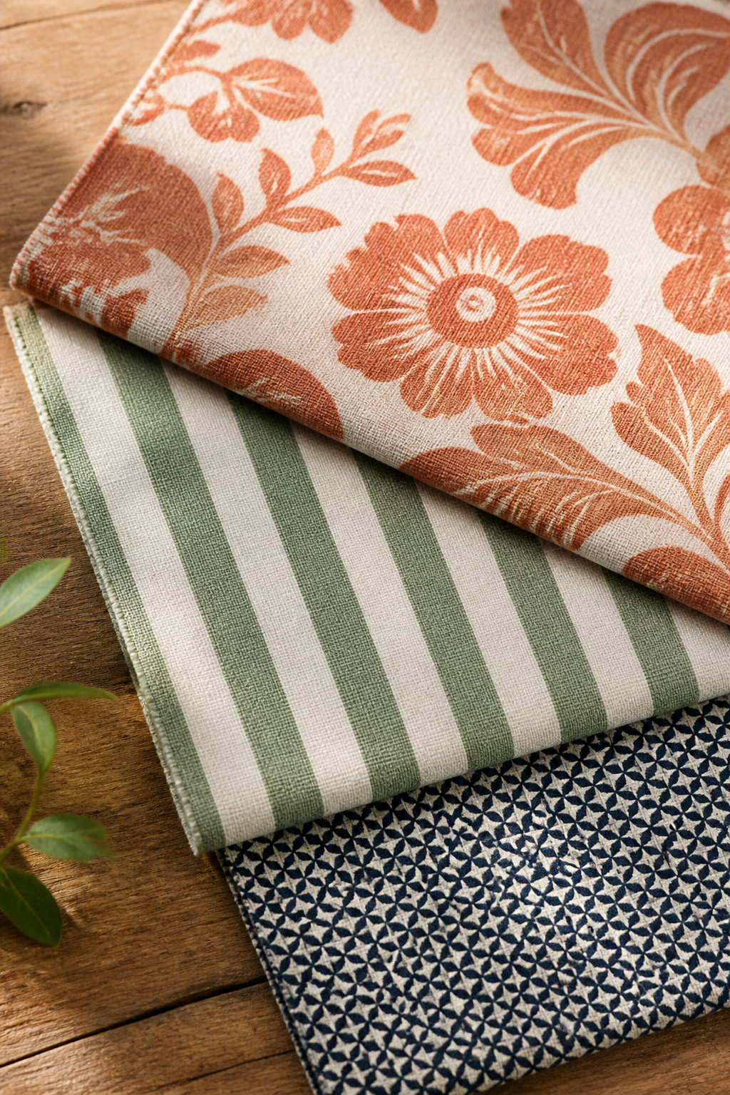 Three dining room fabric swatches showing large floral hero pattern, medium stripe, and small geometric — illustrating the three-scale rule for mixing patterns