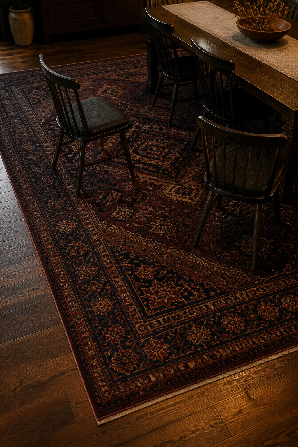 Dark patterned Persian-style rug under dining table with chairs pulled out — all legs resting on rug surface