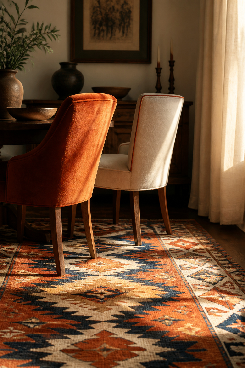 Eclectic dining room corner showing terracotta as the shared hue linking a kilim rug, velvet chair, and ivory linen curtain