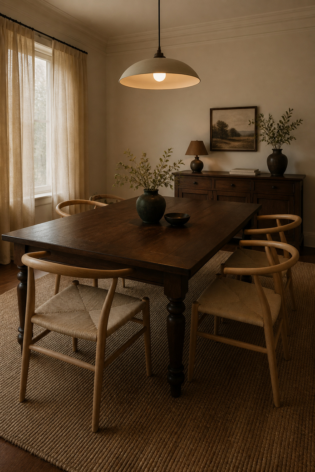 Dining room with dark walnut antique table and white-oak modern dining chairs demonstrating the two-tone wood mixing principle