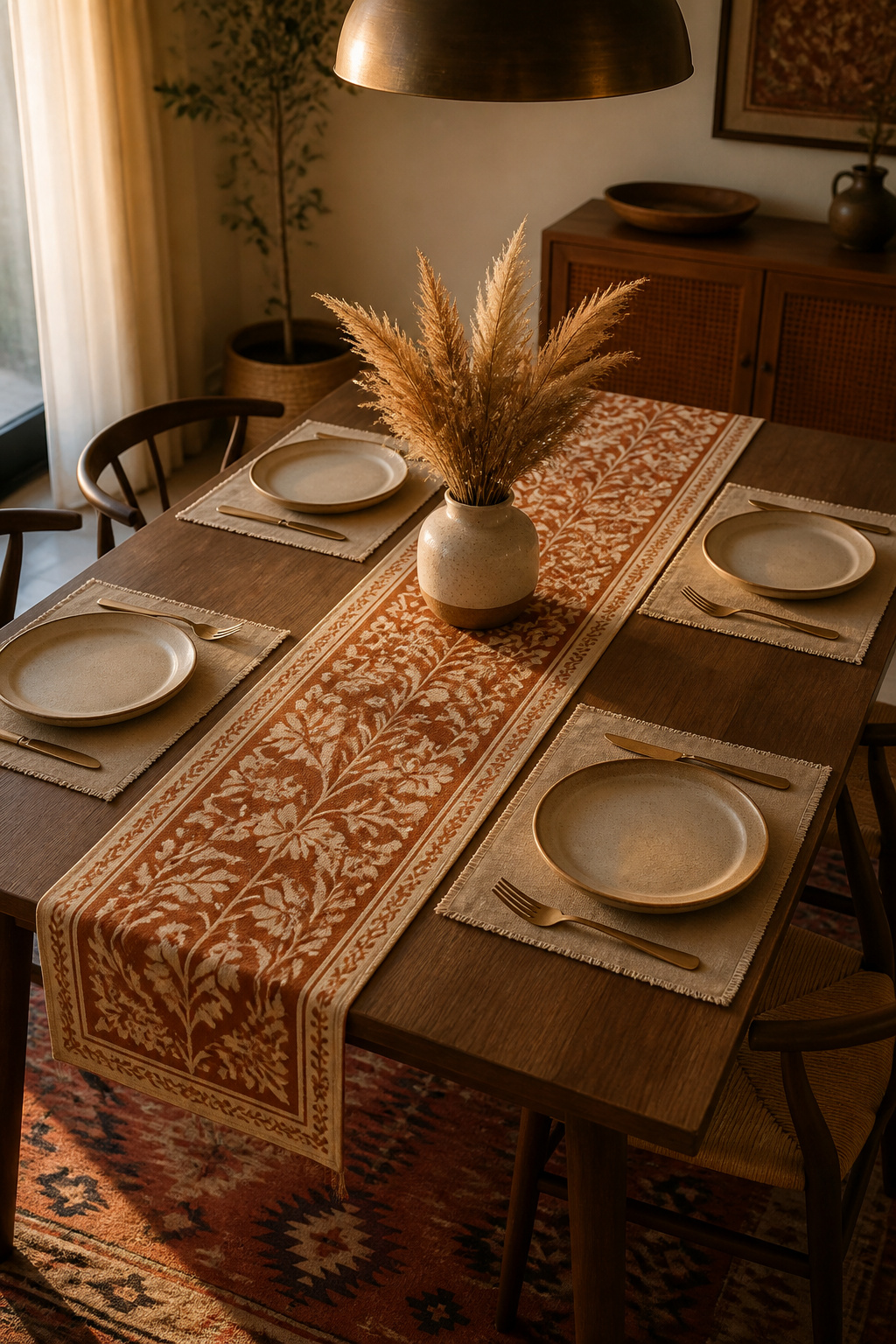 Eclectic dining table with bold floral runner over plain linen placemats and dried botanical centerpiece showing table linen pattern mixing