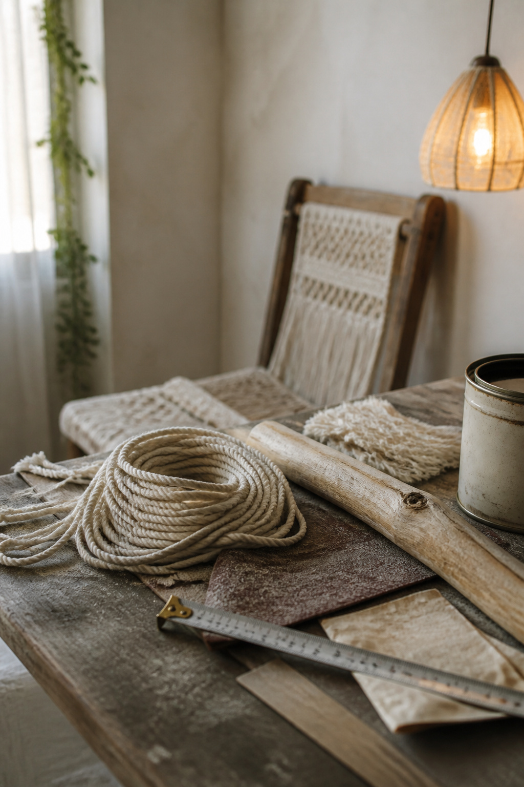 DIY project materials including macrame cord, driftwood dowel, sandpaper and paint for a boho dining room makeover