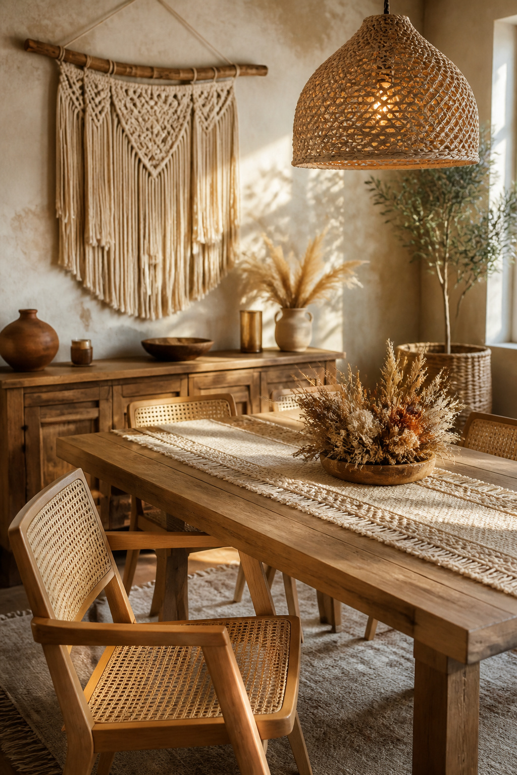 Boho dining room with a DIY macrame wall hanging, no-sew fringed table runner, restyled cane chair and dried centerpiece