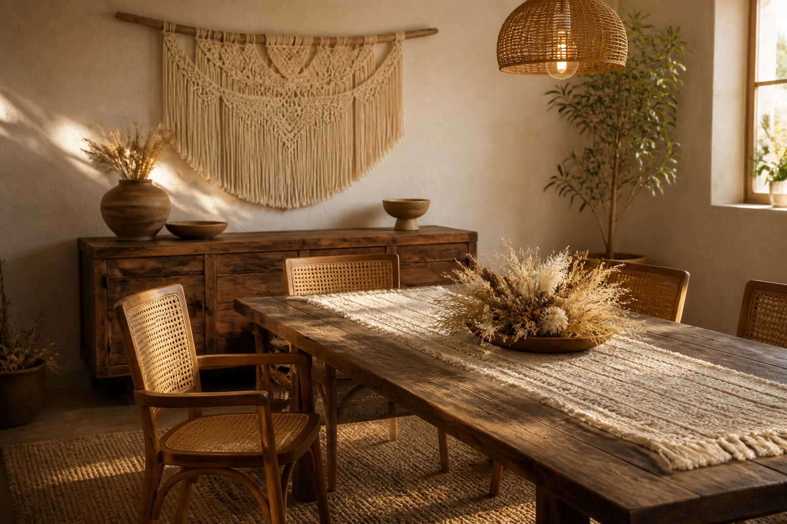 Boho dining room with a DIY macrame wall hanging, no-sew fringed table runner, restyled cane chair and dried centerpiece