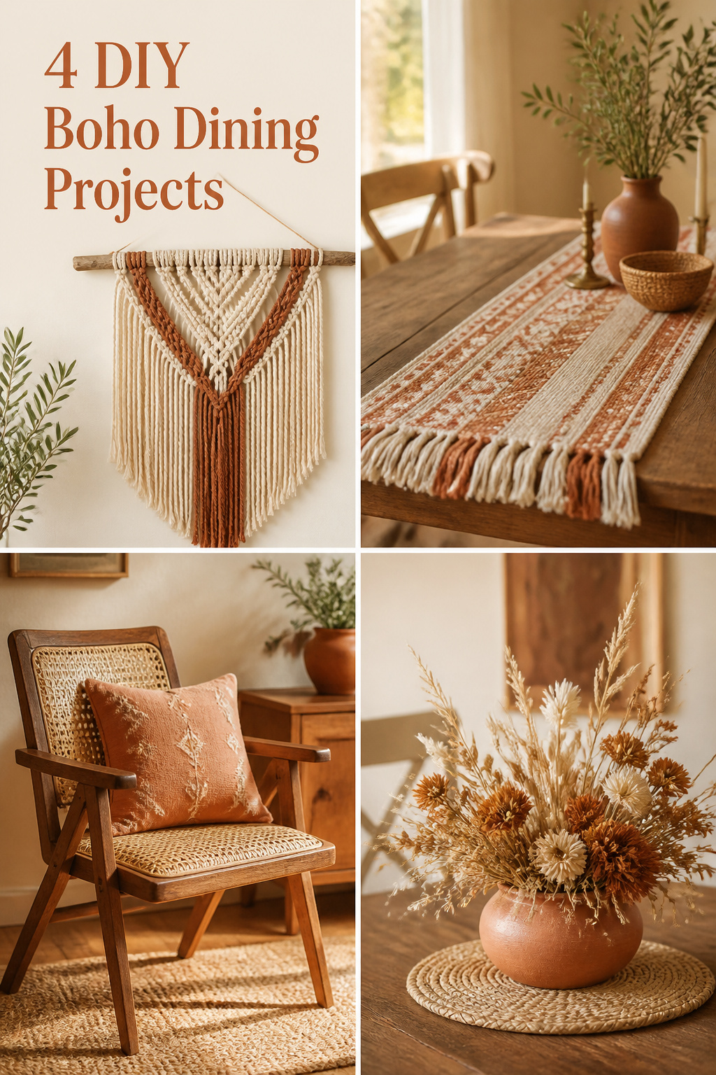 Pinterest pin showing four DIY boho dining room projects - macrame wall hanging, no-sew table runner, restyled chair, and dried centerpiece