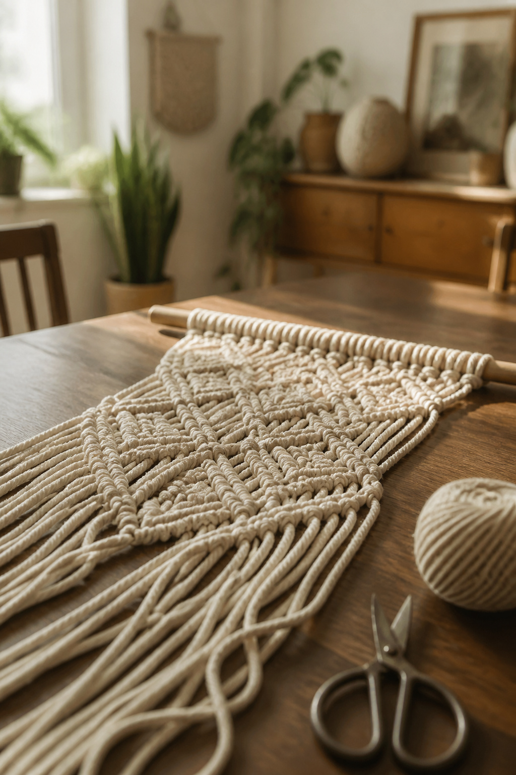 Half-finished macrame table runner with cotton cord and wooden dowel laid across a boho dining table