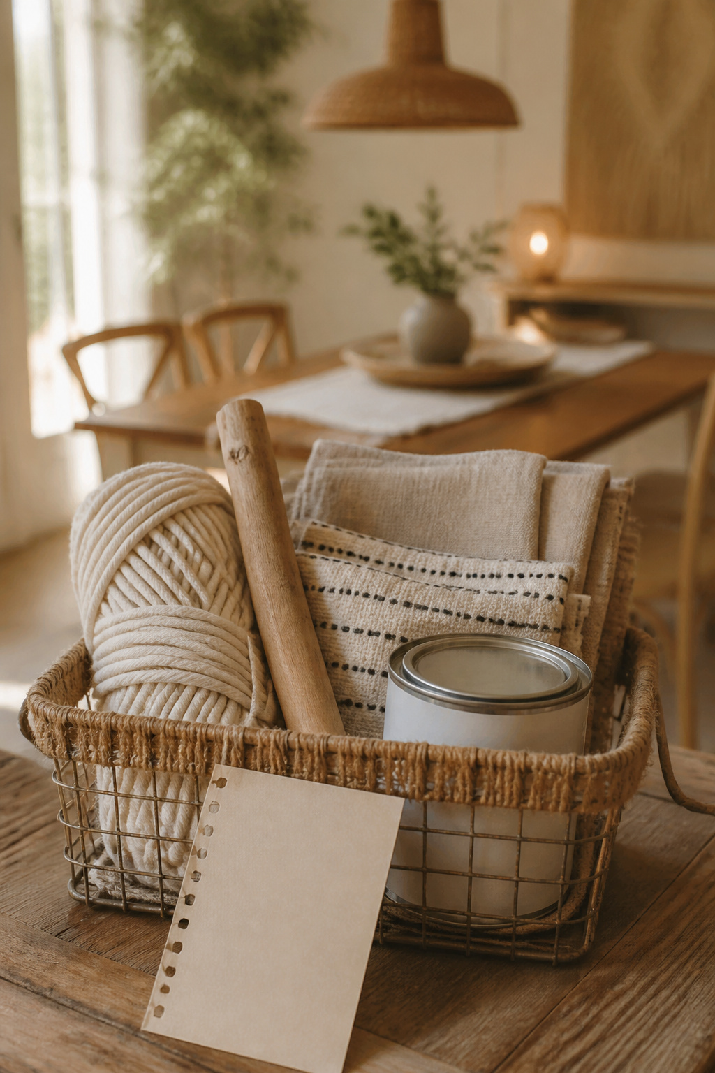 Basket of DIY boho dining room project materials including macrame cord, driftwood dowel, fabric and paint ready for a weekend project