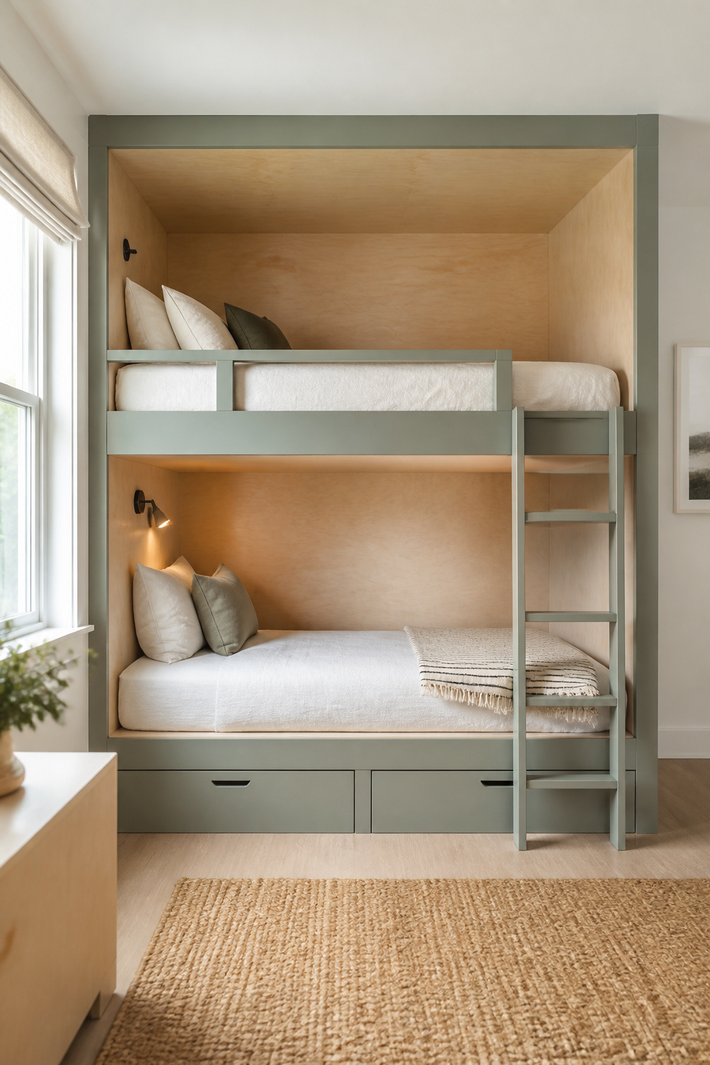 Built-in bunk bed made from painted pine framing and birch plywood, two twin beds made up with ticking-stripe bedding