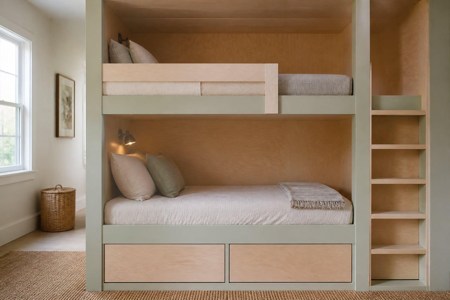 Built-in bunk bed made from painted pine framing and birch plywood, two twin beds made up with ticking-stripe bedding