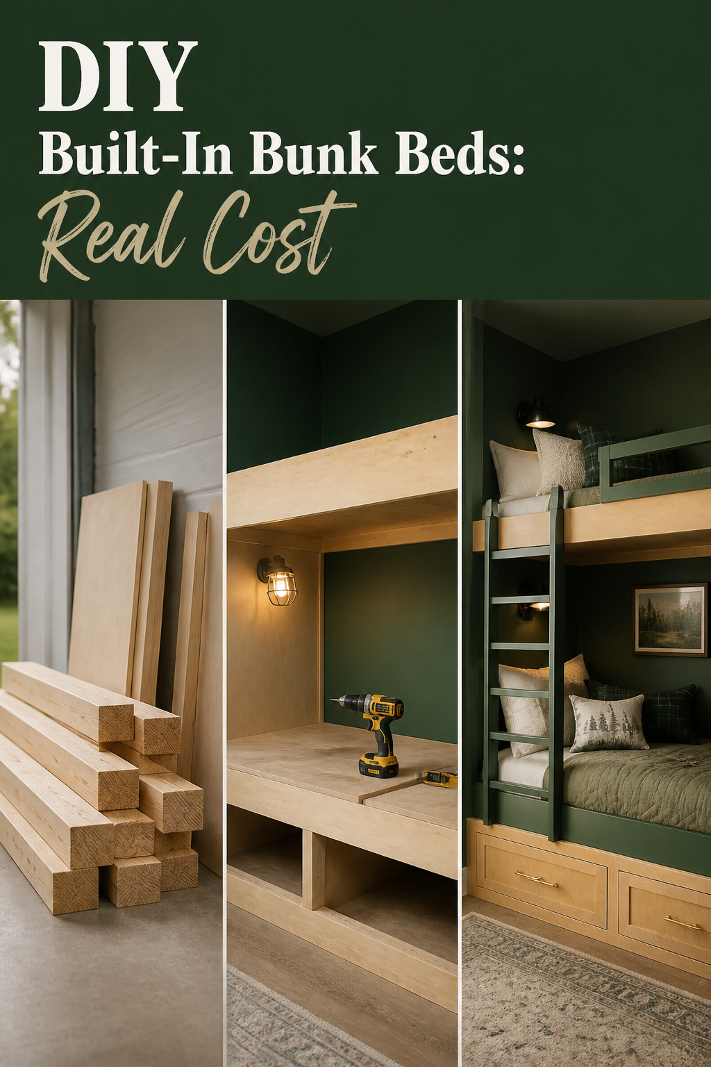 Pinterest pin showing raw lumber, a mid-build plywood bunk platform, and a finished built-in bunk bed with forest green banner text about real cost