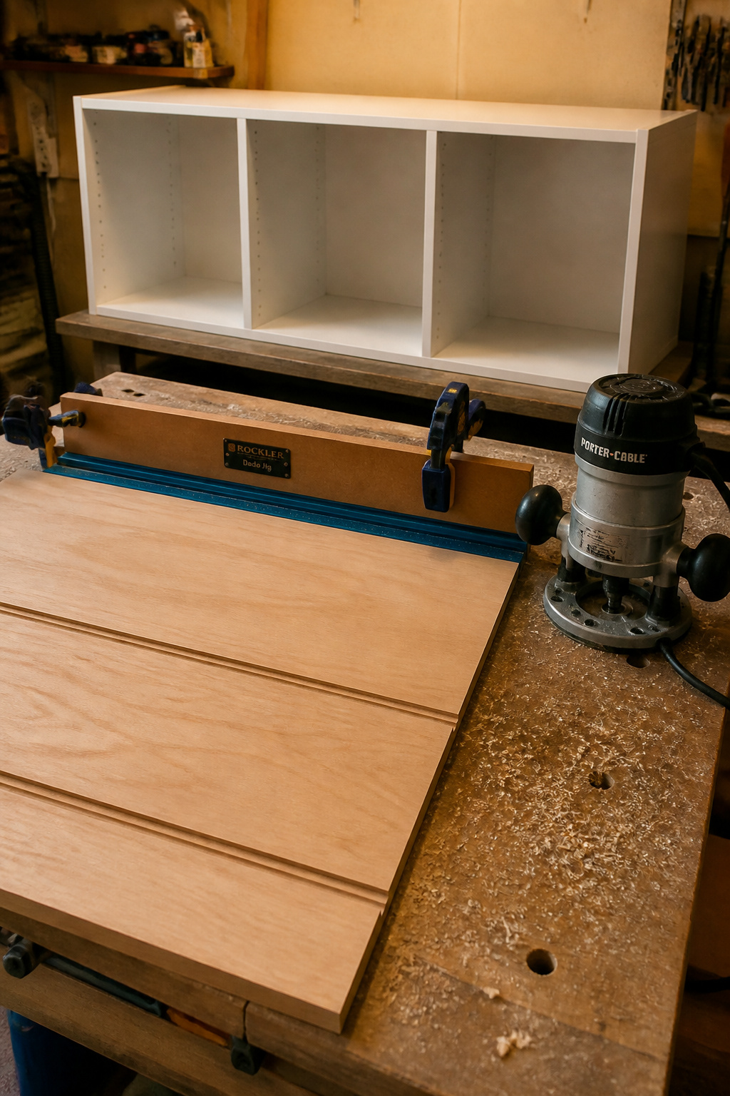Home workshop bench showing plywood panel with dado grooves and router beside a completed white-painted cubby unit leaning against the garage wall