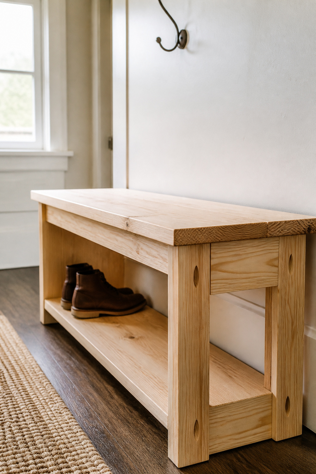 Finished DIY pine entryway bench with a lower shelf sitting in a cream hallway, showing natural wood grain and clean pocket-hole joinery on the aprons