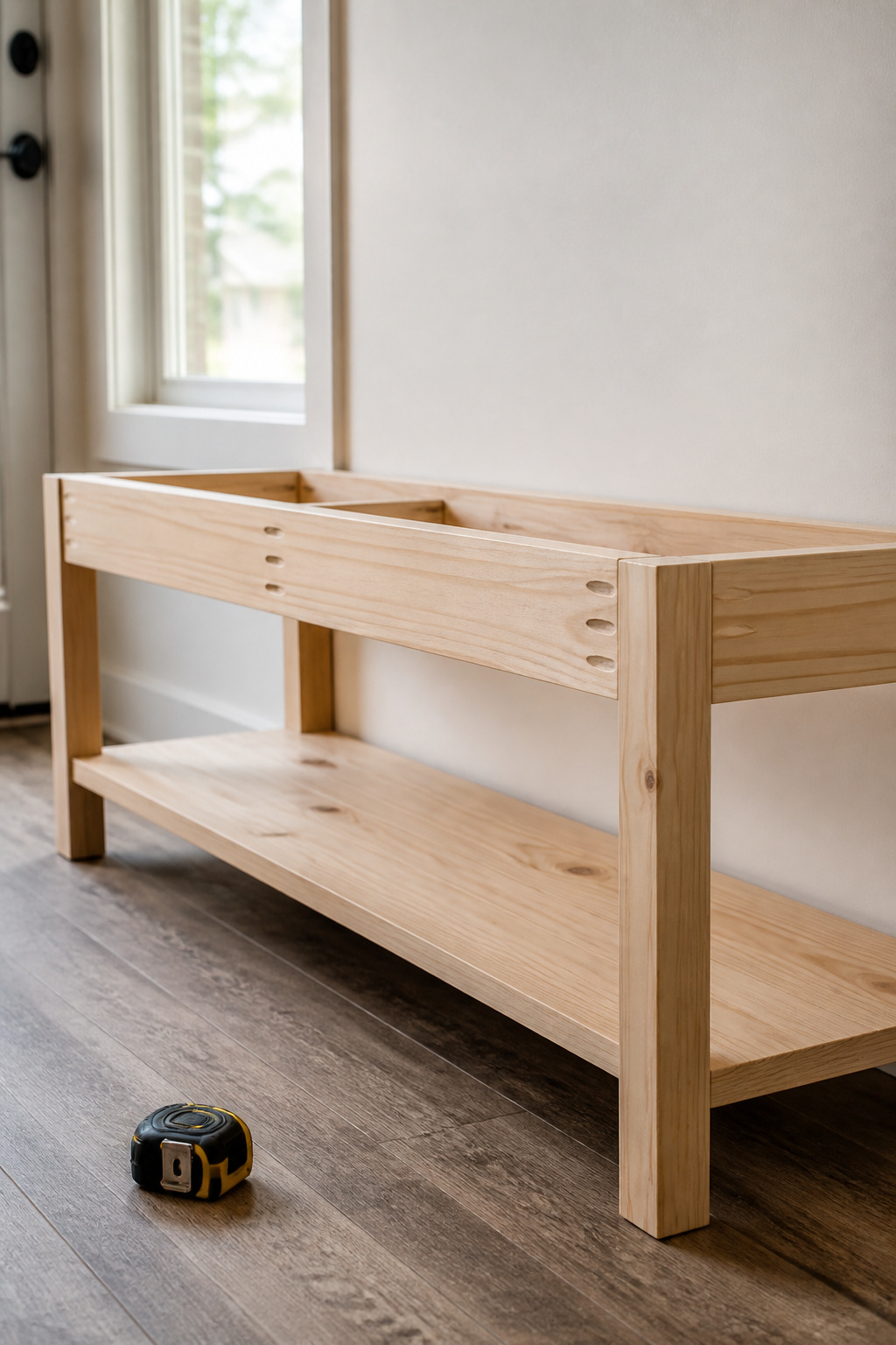 Unfinished pine DIY entryway bench frame showing pocket-hole joinery on the apron boards and an open lower shelf