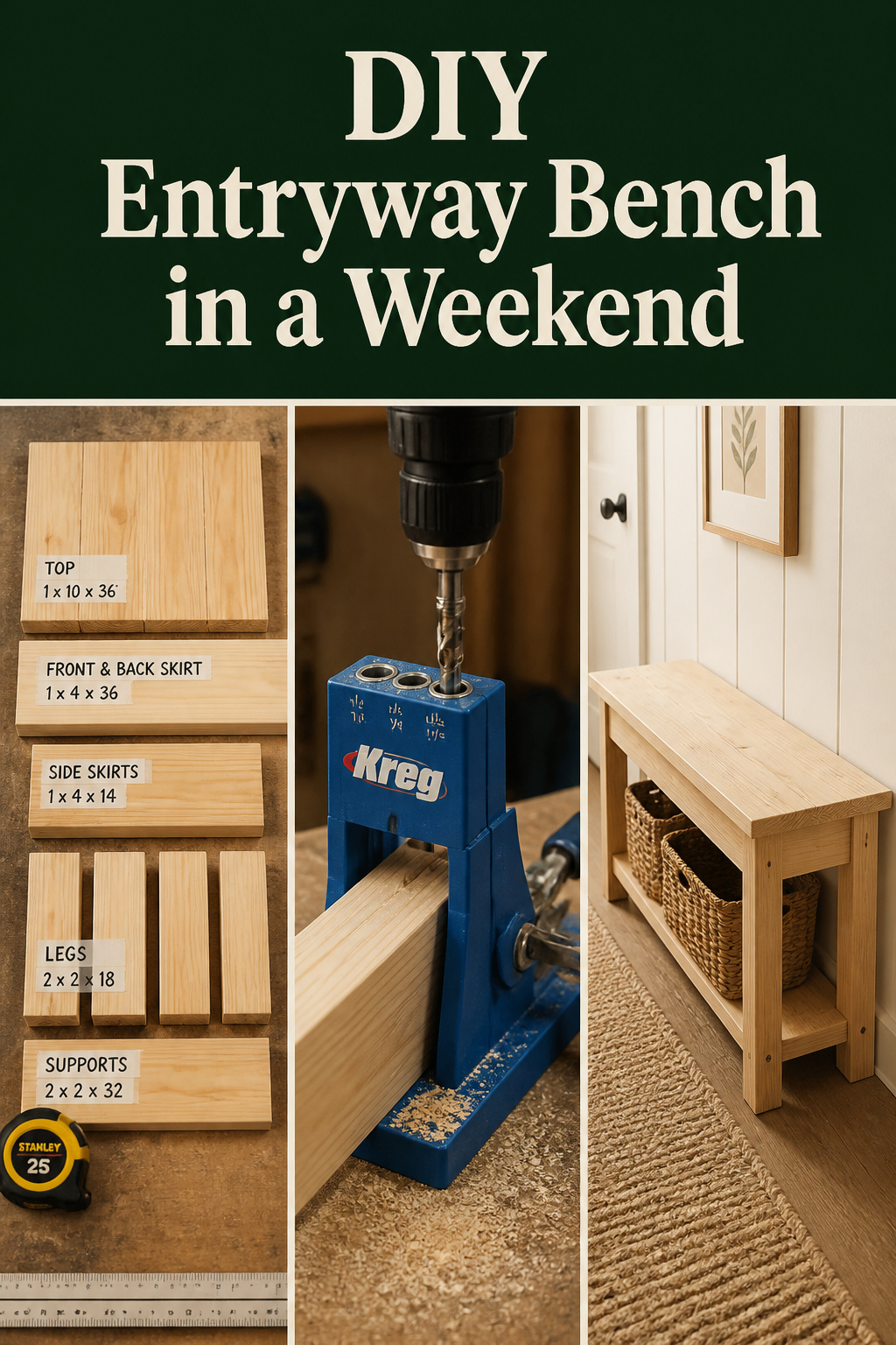 Pinterest collage showing the cut list, pocket-hole assembly, and finished DIY entryway bench in a hallway