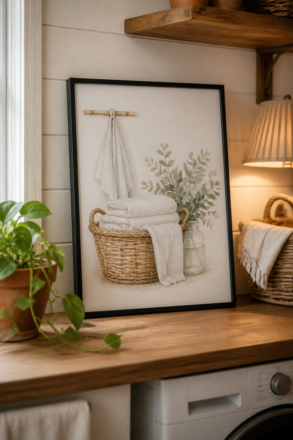 Simple black frame holding a farmhouse-style laundry printable beside a small terracotta pothos plant