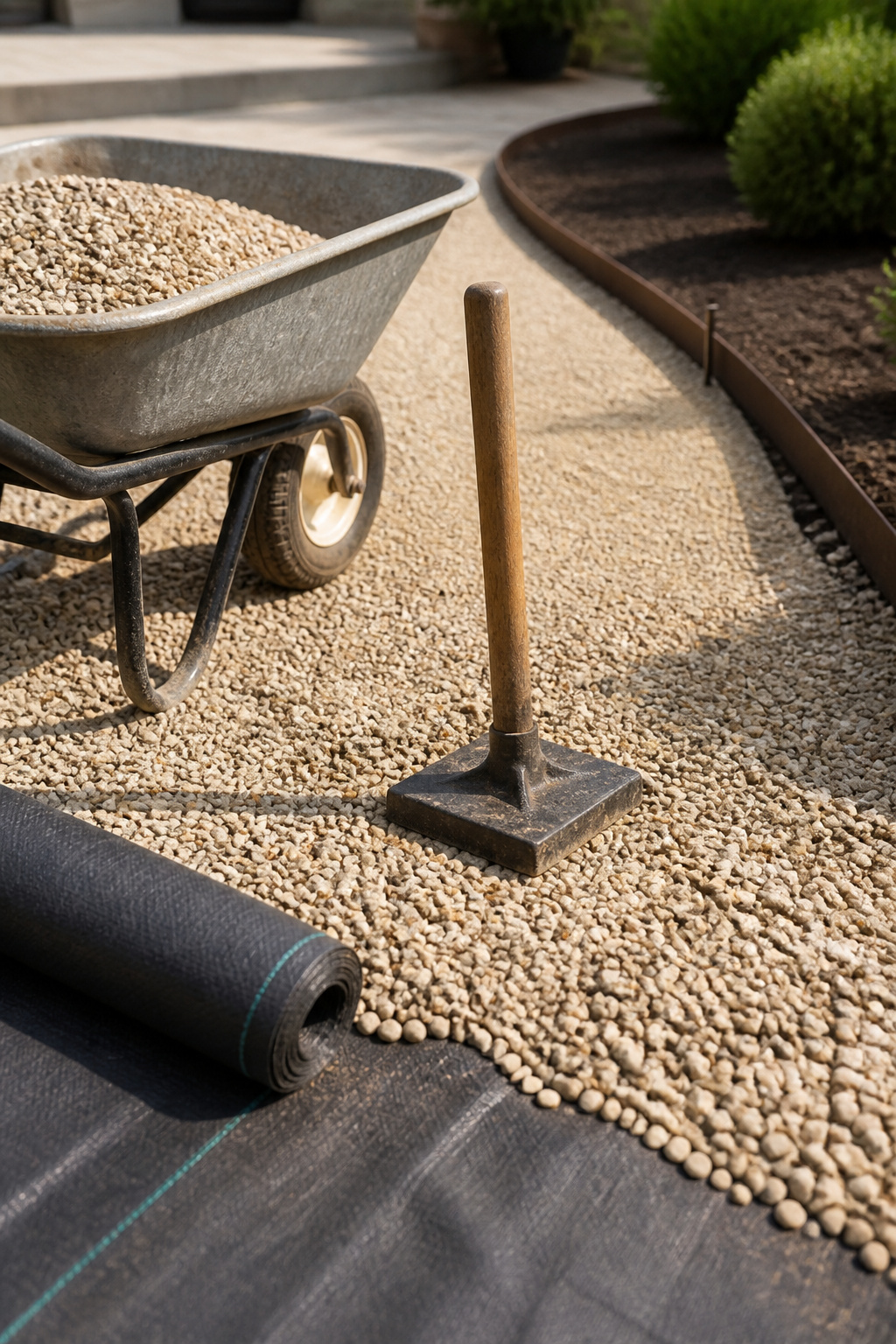 Tamper and wheelbarrow of buff pea gravel staged beside peeled-back landscape fabric on a half-built patio