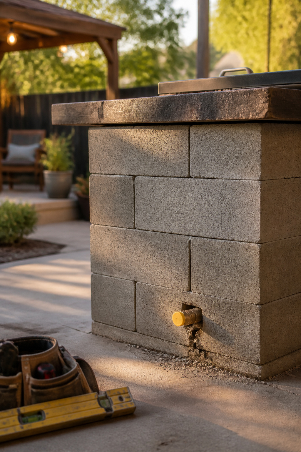 DIY-built concrete block outdoor kitchen island with a capped gas line stub-out awaiting professional hookup