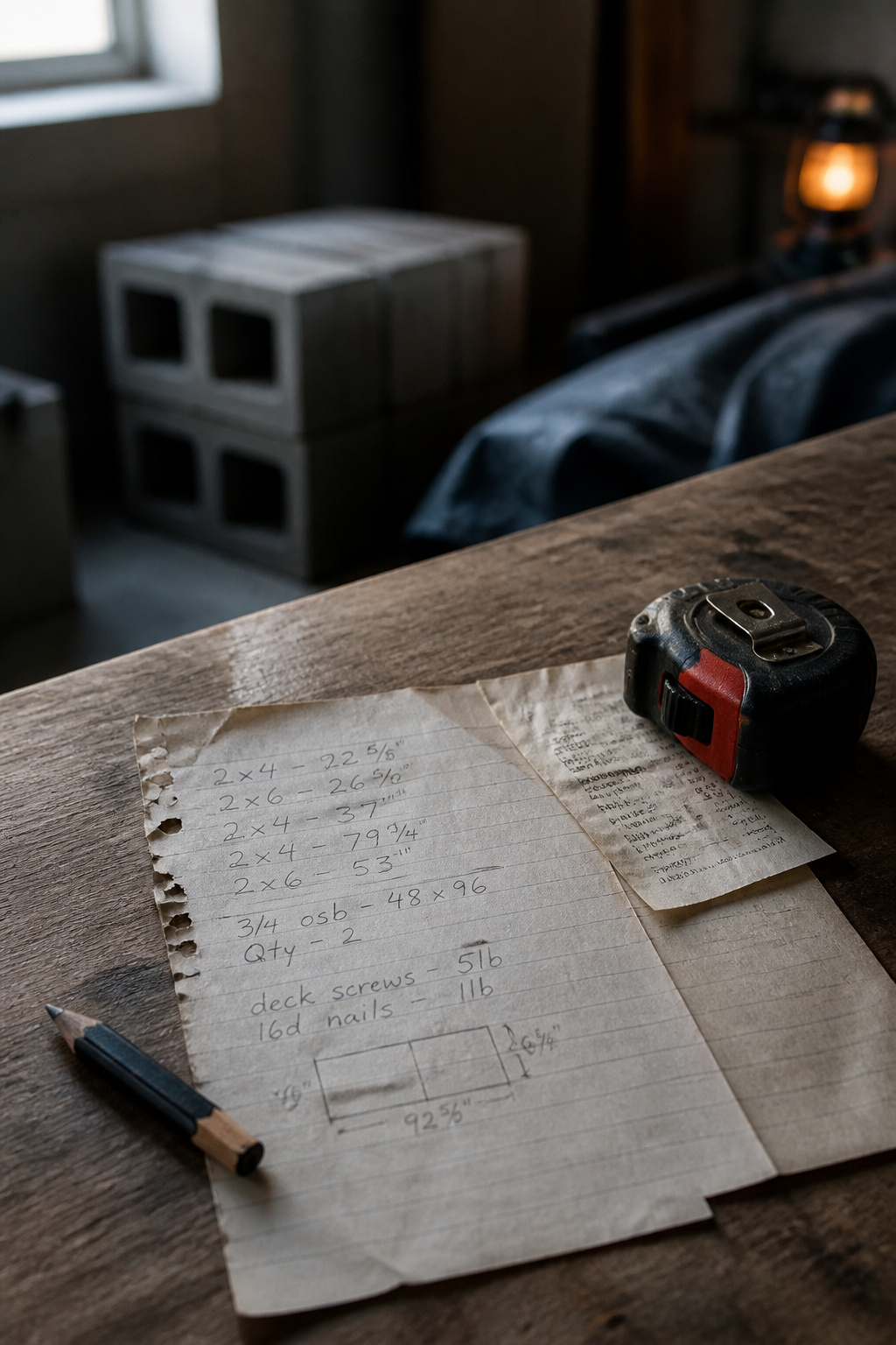 Handwritten materials cost list and receipt on a workbench beside stacked cinder blocks