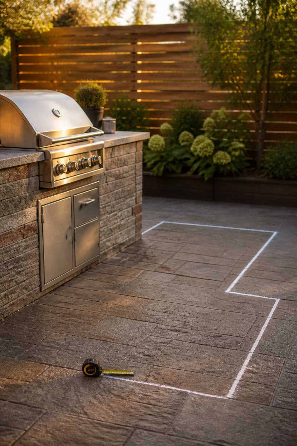 Finished standalone outdoor kitchen island with a chalk outline marking space for a future expansion
