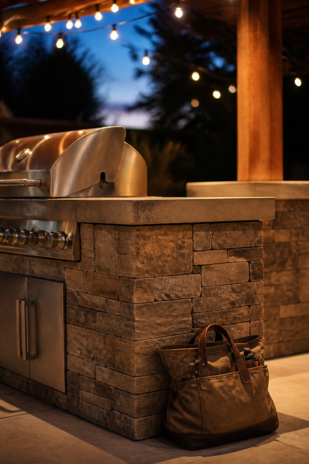 Finished stone-veneer outdoor kitchen island with a concrete counter at dusk after a weekend build