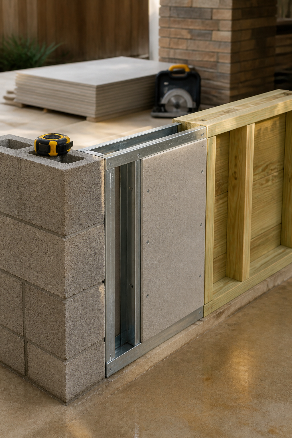 Three unfinished outdoor kitchen island frame sections compared: concrete block, metal stud with cement board, and treated lumber