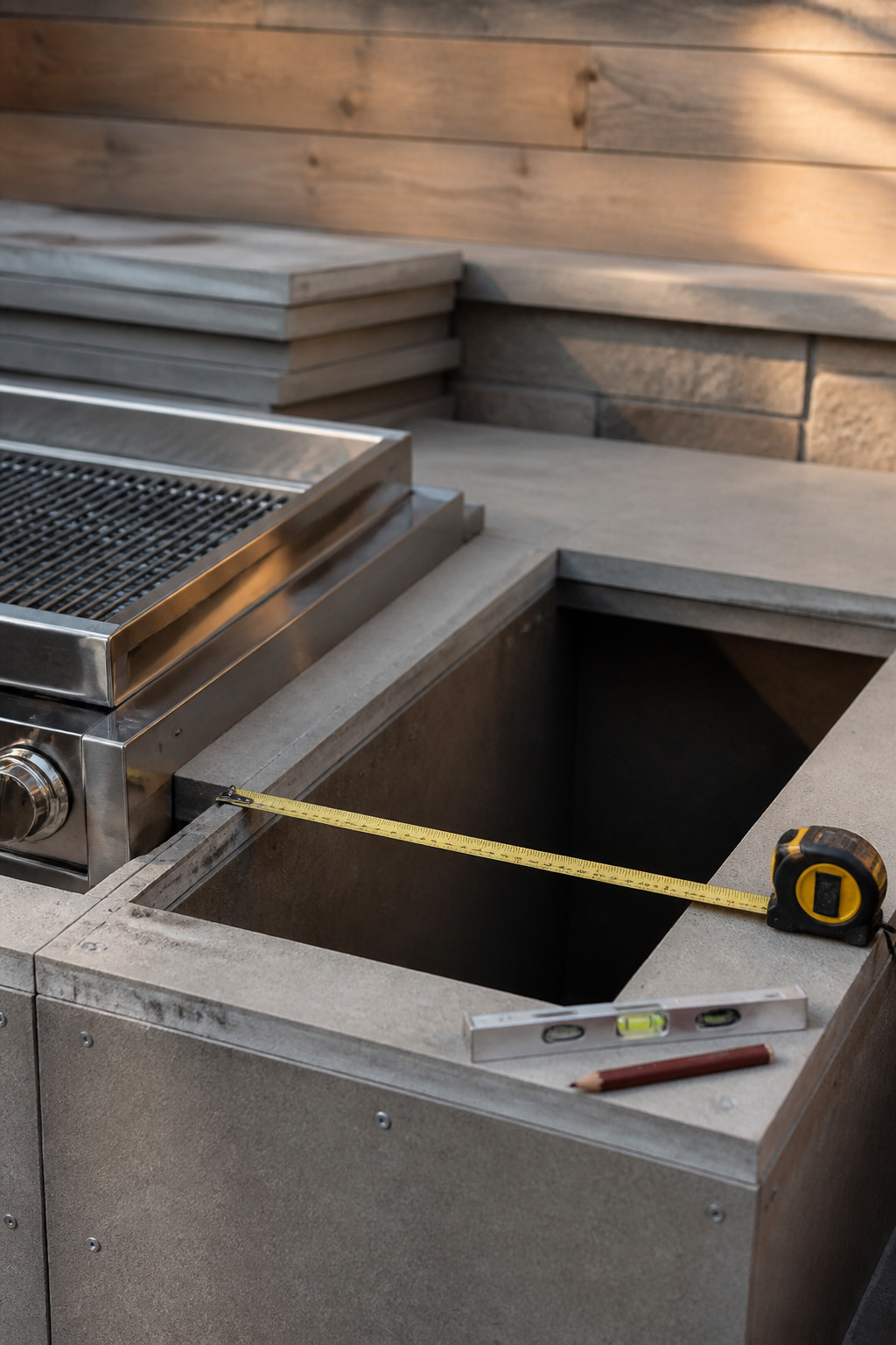 Stainless steel grill insert positioned beside its precisely measured cutout in an outdoor kitchen island frame