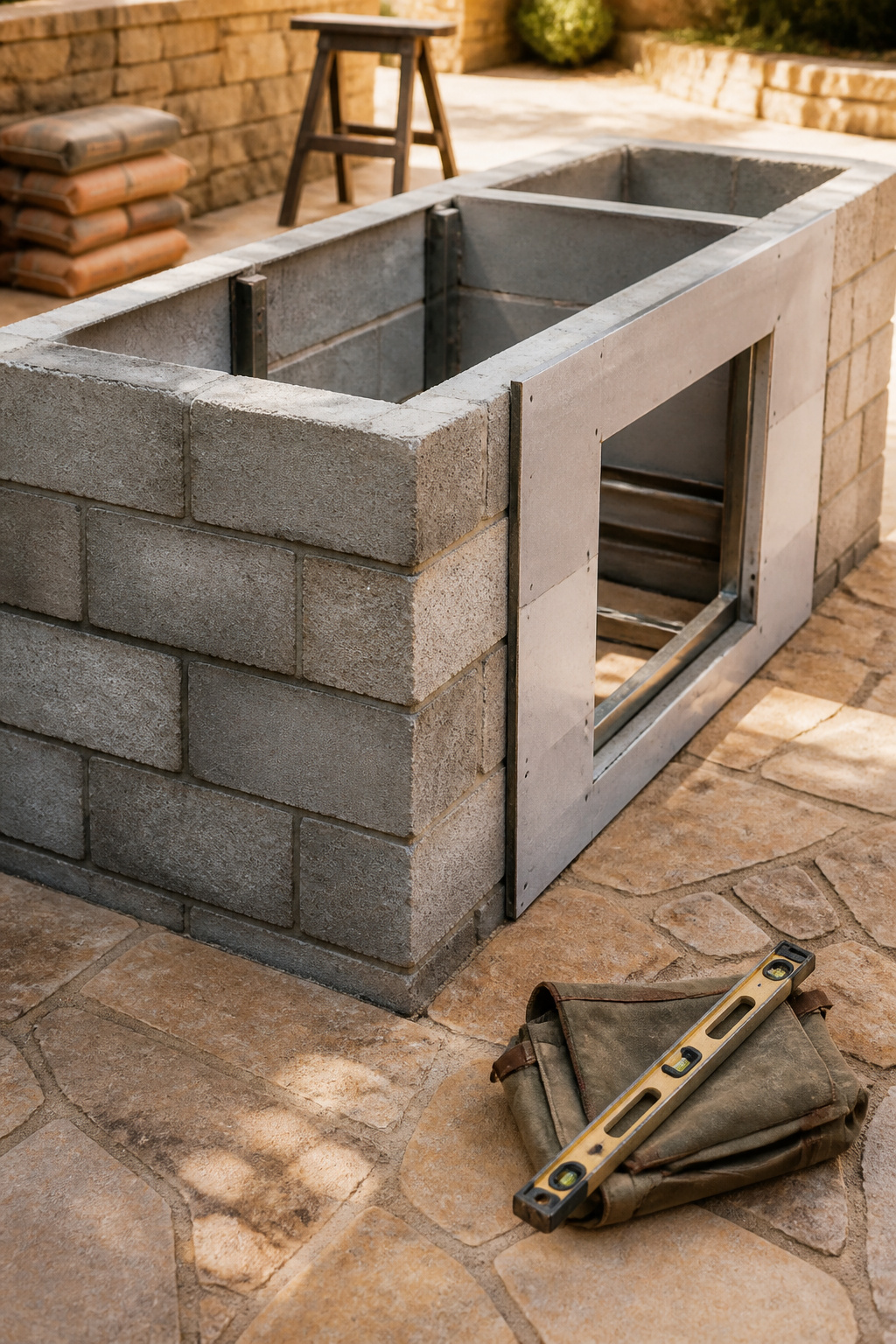 Half-built outdoor kitchen island showing concrete block base and a grill cutout mid-construction